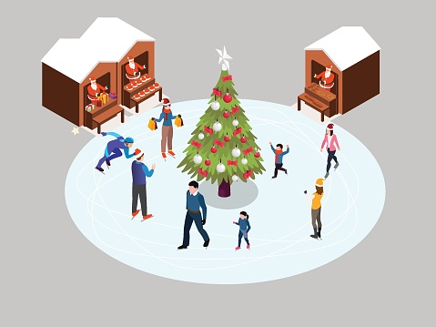 Christmas market and holiday fair  isometric 3d vector illustration concept for banner, website, landing page, flyer, greeting card, etc
