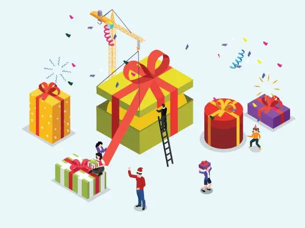 Vector illustration of Holiday Rush. Happy Men, Women and Kids Wrapping Christmas and New Year Presents