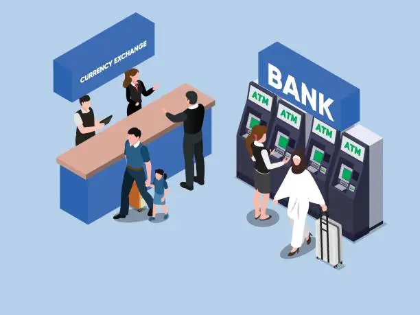 Vector illustration of Bank interior counter desk, cashier, consulting, ATM machines, money currency exchang