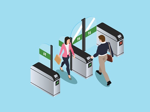 Male and Female Characters Pass Through Turnstile isometric 3d vector illustration concept for banner, website, landing page, flyer, greeting card, etc