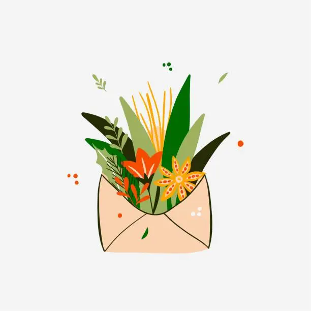 Vector illustration of Christmas open envelope with flower, star anise. Greetings and Happy New Year message or present. Vector illustration.