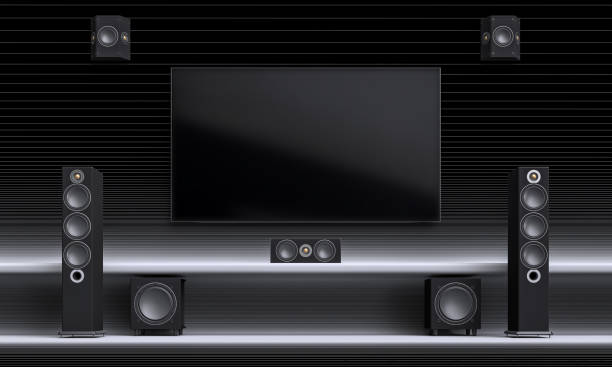 istock home theatre system with dark striped background. 1790923456