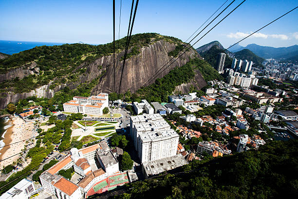 cable car на сахар, хлеб в рио-де-жанейро - rio de janeiro sugarloaf mountain overhead cable car copacabana beach стоковые фото и изображения