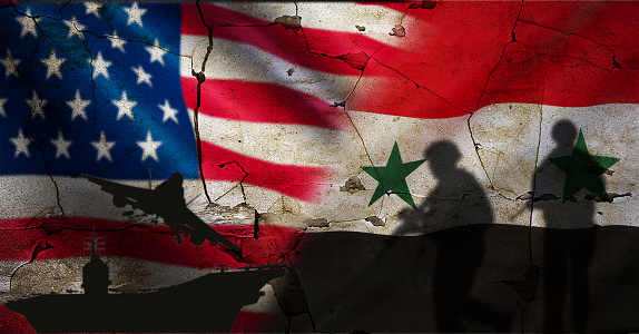 Conflict between USA and Syria concept. Political tension between the USA and Syria. United States vs Syria flag on cracked wall
