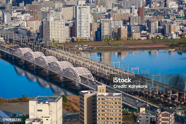 Bridge And Iron Bridge Spanning The Yodo River From Umeda Sky Building Stock Photo - Download Image Now
