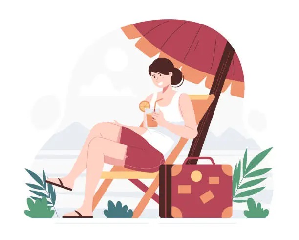 Vector illustration of A young woman lying on a deck chair