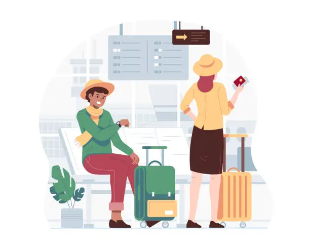 Vector illustration of Man with suitcase waiting for a flight on vacation in airport