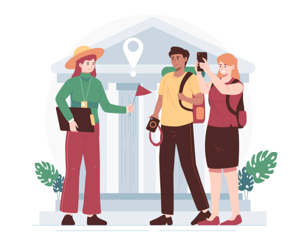 туристы посещают достопримечательности с экскурсоводами - гид stock illustrations