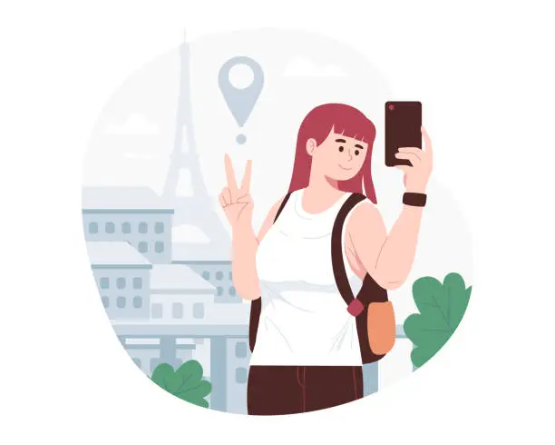 Vector illustration of Female tourists taking selfies at tourist attractions