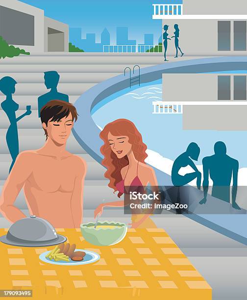 Mann Und Frau Essen Am Pool Stock Vektor Art und mehr Bilder von Essen - Mund benutzen - Essen - Mund benutzen, Illustration, Schwimmbeckenrand