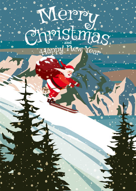 istock Poster retro Merry Christmas, Santa Claus skiing in snow mountains 1790935927