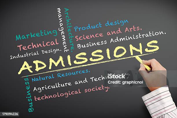 Admissions University Written On Chalkboard Stock Photo - Download Image Now - Architecture, Art, Art And Craft