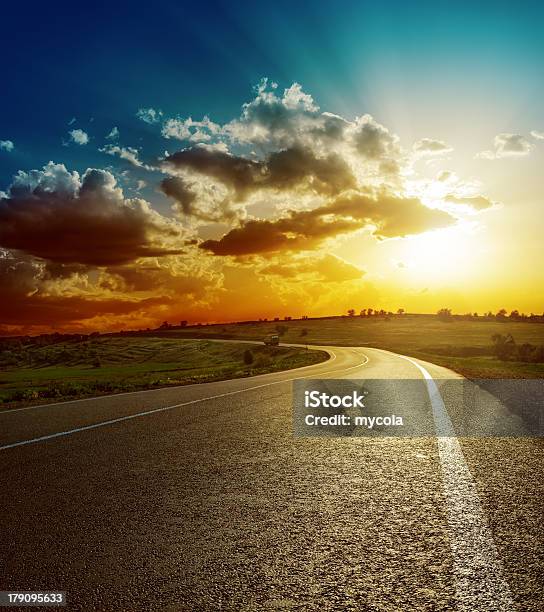 Perfect Sunset Over Asphalt Road Stock Photo - Download Image Now - Highway, Sunset, Asphalt
