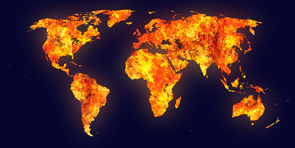 World map with each continent engulfed in flames, representing global crises such as climate change, widespread conflict, or other catastrophic events affecting the entire planet. Map is based on public-domain source at commons.wikimedia.org/wiki/File:BlankMap-World.svg