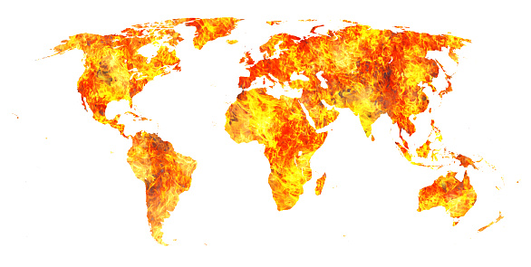 World map with each continent engulfed in flames, representing global crises such as climate change, widespread conflict, or other catastrophic events affecting the entire planet. Edges are crisp, so easily selected for modification by the magic wand tool. Map is based on public-domain source at commons.wikimedia.org/wiki/File:BlankMap-World.svg