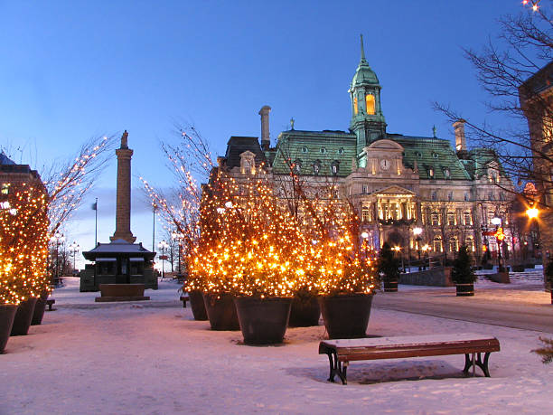 A beautiful view of City Hall in Montreal at Christmas stock photo