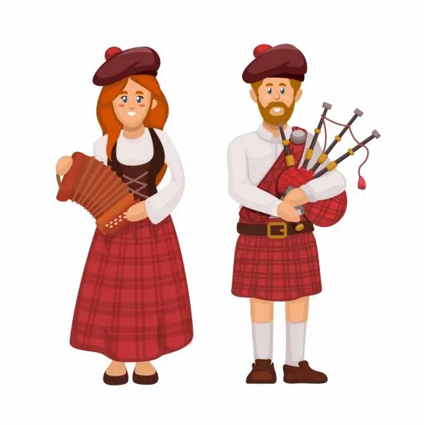 Vector illustration of Scotland People In Uniform Playing Traditional Music Instrument Character Illustration Vector