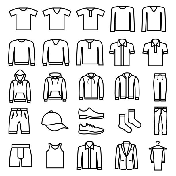 Men's Casual Clothing Outline Icons Single color isolated outline icons of men's casual clothing hood clothing stock illustrations