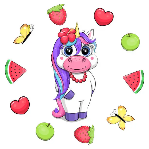Vector illustration of Cute cartoon unicorn in fruit frame.