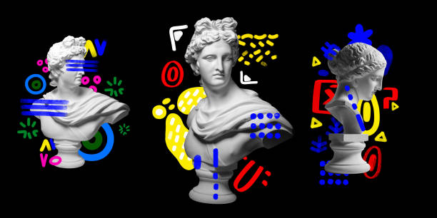 Set of antique statue busts against black background with colorful abstract design elements. Contemporary art collage.