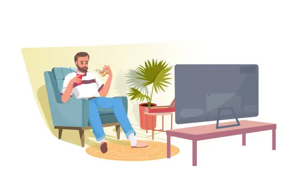 Vector illustration of Happy relaxed young man sitting in armchair, watching tv and eating pizza. Stay at home. Bearded man in front of television set during quarantine. Home entertainment. Flat cartoon vector illustration.