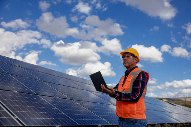 istock Male engineer working with a laptop on a field with solar panels 1790980596