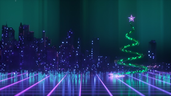 This vibrant scene unfolds with a digital representation of Christmas festivities, as a pixelated cityscape comes to life beneath a radiant particle Christmas tree. The gathering crowd, composed of diverse digital avatars, adds a lively touch to the bustling urban setting, encapsulating the spirit of a tech-infused holiday celebration.4K 3D rendering.
