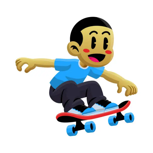 Vector illustration of Happy Boy Skateboarding Cartoon Illustration