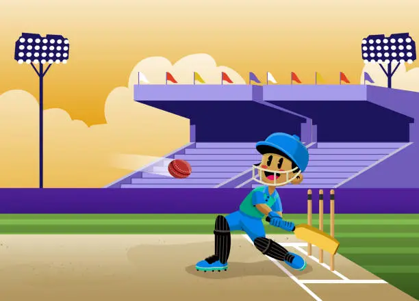 Vector illustration of Cricket Boy Athlete Playing in Stadium