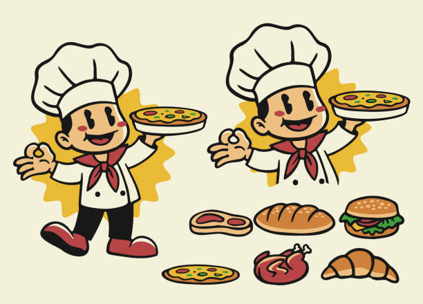 illustrations, cliparts, dessins animés et icônes de ensemble de logo de mascotte de chef présentant la nourriture - chef cuisinier