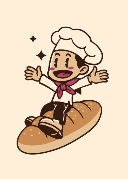 Vector of Happy Baker Flying with Bread in Vintage Style