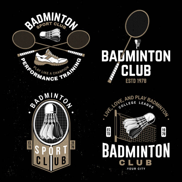 Set of badminton sport badge, patch, emblem, logo. Vector illustration. Vintage badminton label with racket, sports shoe and shuttlecock silhouettes. Concept for shirt or logo, print, stamp or tee Set of badminton sport badge, patch, emblem, logo. Vector illustration. Vintage badminton label with racket, sports shoe, and shuttlecock silhouettes. Concept for shirt or logo, print, stamp or tee. badminton racquet stock illustrations