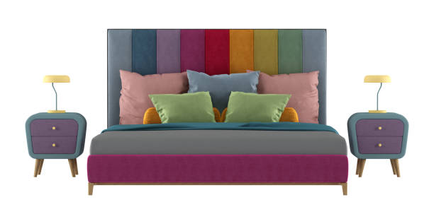 cama de casal com cabeceira colorida isolada no branco - double bed night table headboard bed - fotografias e filmes do acervo