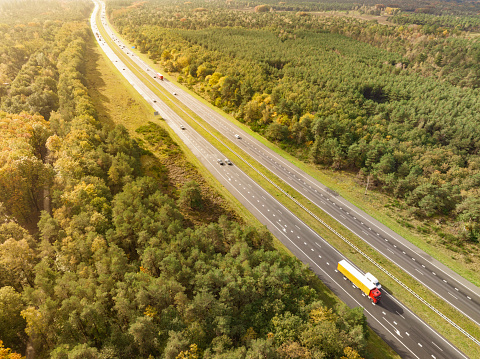 Traffic driving on a highway through a large forest with autumn colors during a fall day seen from above. The highway A50 runs through the Veluwe nature reserve in Gelderland, Netherlands.