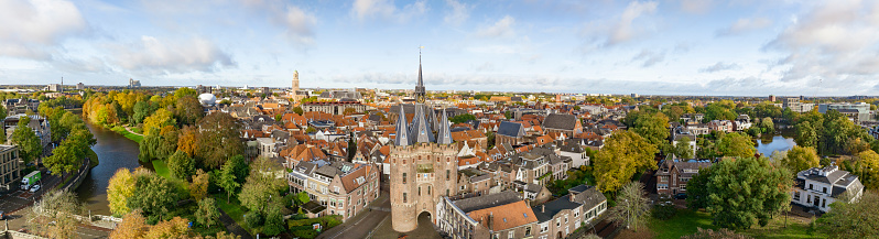 Panorama of the city center of Dreux, France, with the Saint-Pierre church and the belfry tower, former town hall built in the 16th century