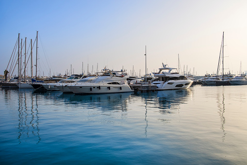 Yachts moored at the marina of Alicante, a city and a tourist destination on the Costa Blanca