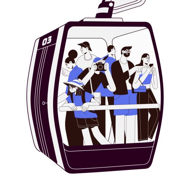 People crowd in cablecar, glass cableway carriage. Passengers inside transparent cable car cabin. Tourists look, take photo from height, ropeway. Flat vector illustration isolated on white background People crowd in cablecar, glass cableway carriage. Passengers inside transparent cable car cabin. Tourists look, take photo from height, ropeway. Flat vector illustration isolated on white background. travel crowds stock illustrations