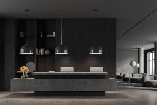 istock Dark reception interior lobby with desk and relax place, panoramic window 1791014097