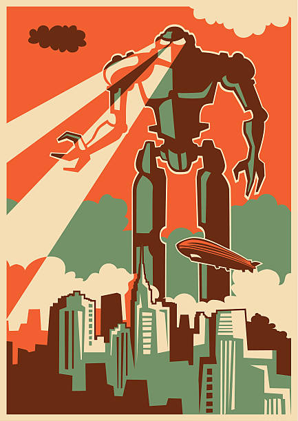 Retro illustration with giant robot. Retro illustration with giant robot. Vector illustration. Cruel stock illustrations