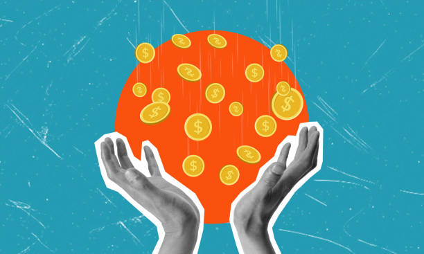Art collage, hands and falling coins in orange circle.
