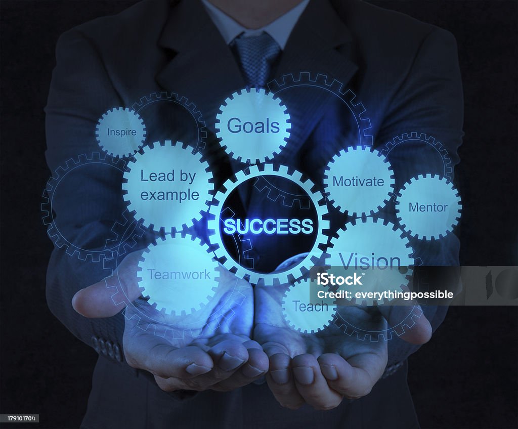 businessman hand shows gear business success chart businessman hand shows gear business success chart concept Achievement Stock Photo