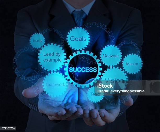 Businessman Hand Shows Gear Business Success Chart Stock Photo - Download Image Now - Achievement, Adult, Advice