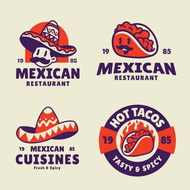 Set of Mexican Food Restaurant Logos and Labels Collection Vector Set of Mexican Food Restaurant Logos and Labels Collection cartoon t shirt design stock illustrations