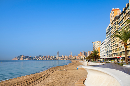 Skyscrapers lined up on the seafront of Benidorm, a very popular tourist destination on the Costa Blanca