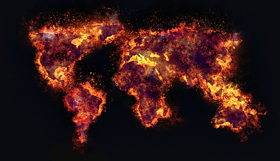 World map with each continent engulfed in flames, representing global crises such as climate change, widespread conflict, or other catastrophic events affecting the entire planet. Map is based on public-domain source at commons.wikimedia.org/wiki/File:BlankMap-World.svg