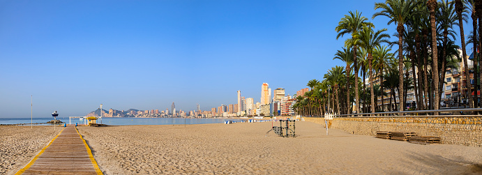 Poniente Beach in Benidorm, an equipped beach with gymnastic equipment in this very popular tourist destination on the Costa Blanca (3 shots stitched)