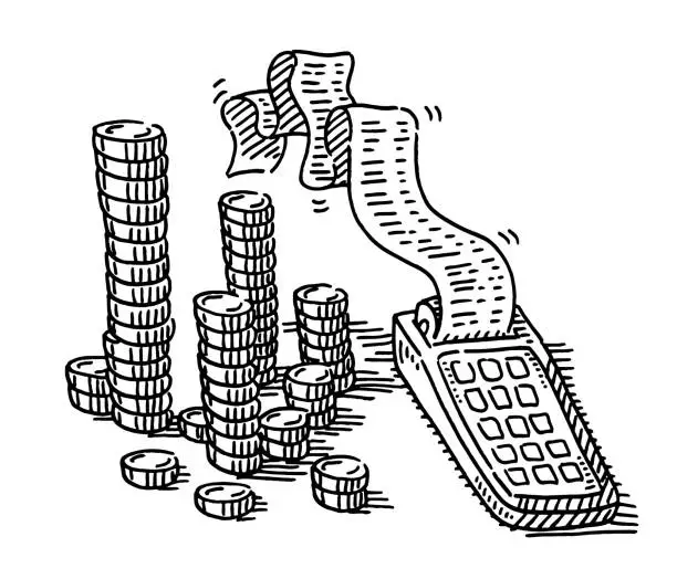 Vector illustration of Caclucator Stacks Of Coins Drawing