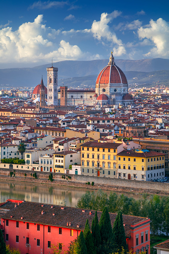Aerial cityscape image of iconic Florence, Italy at beautiful autumn sunset.