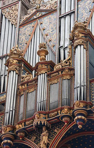Organ in the Cathedral of Our Lady of Amiens, France. This organ was created more than 300 years ago, no property release is required.