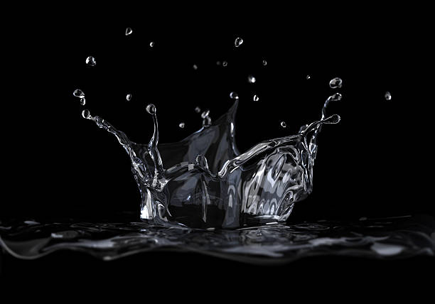 Water crown splash viewed from a side, at black background, with depth of field. 3 D digital rendering.